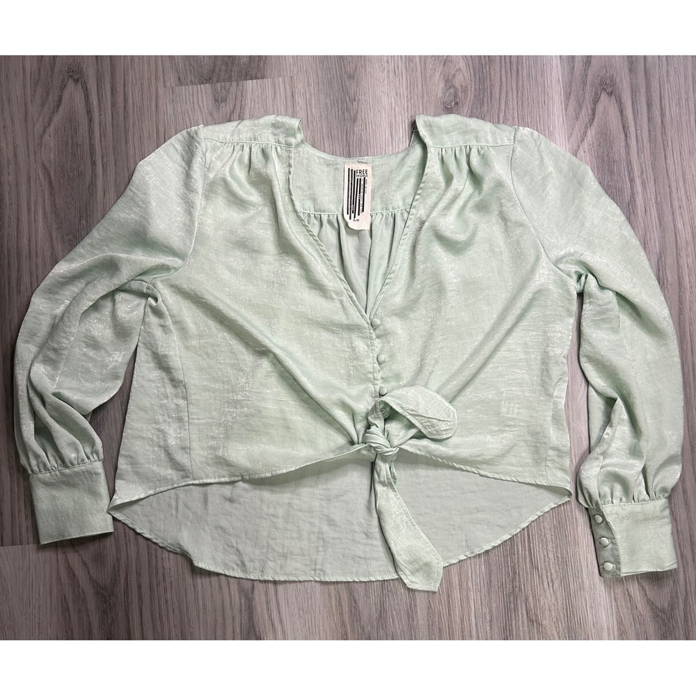 Free People Mint Green Button Front Tie‎ Waist Long Sleeve Blouse Top S P